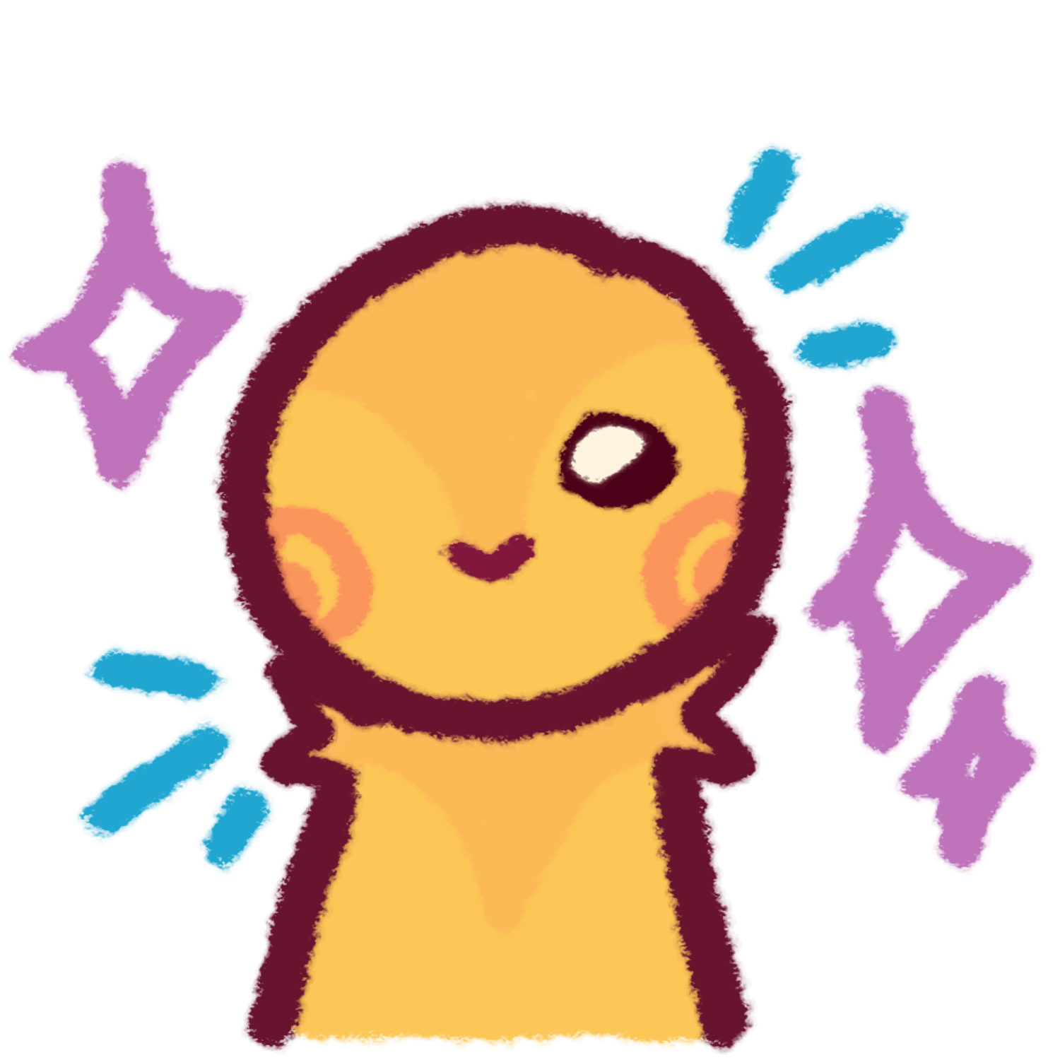 A yellow figure with blue emphasis lines and pink sparkles around it.